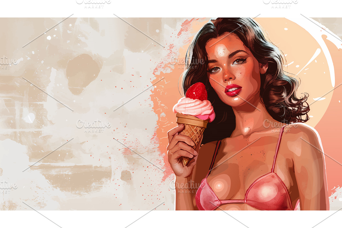 woman holding strawberry ice cream, a Person Illustration by AlexArt