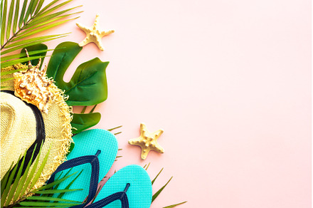 Summer flat lay background, palm, a Holiday Photo by Nadia-nb