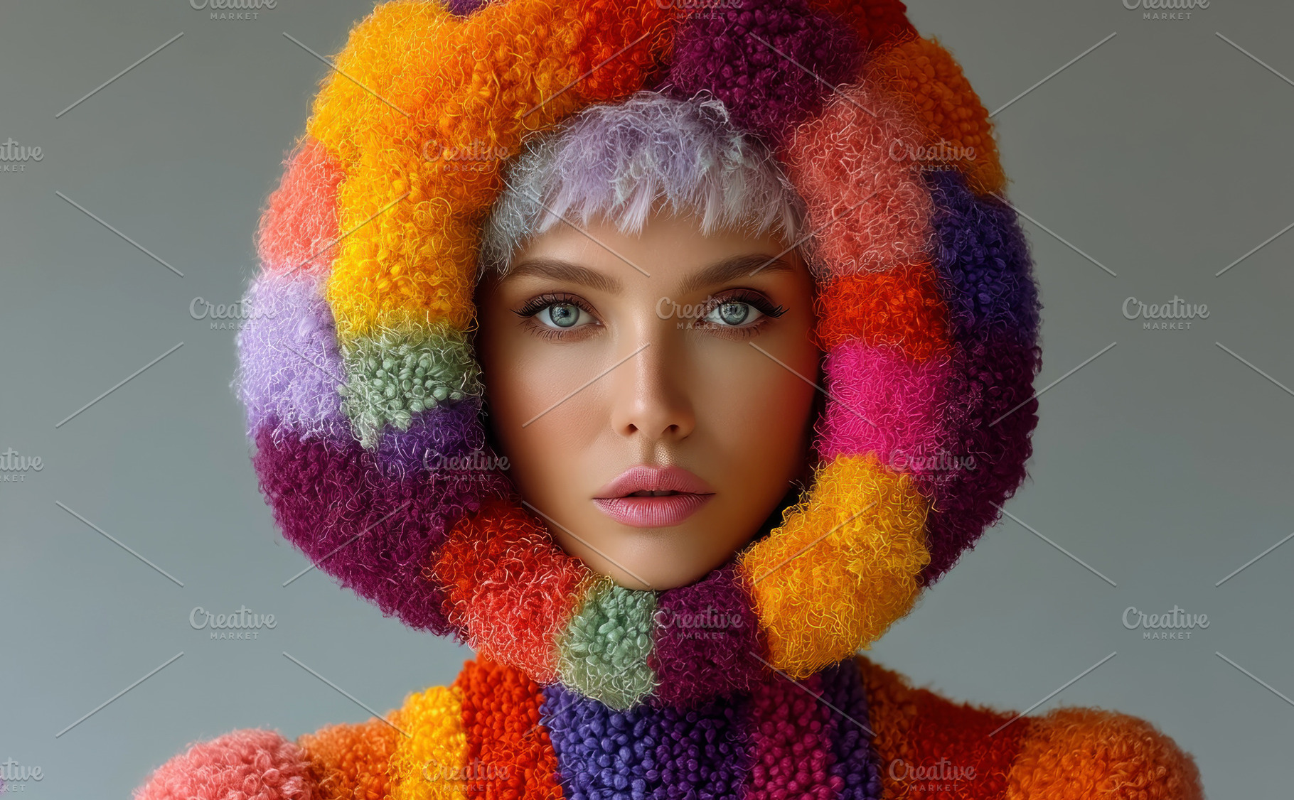 Colorful fashion portrait of woman in textured rainbow wool hood, a Person Photo by José Manuel Gelpi