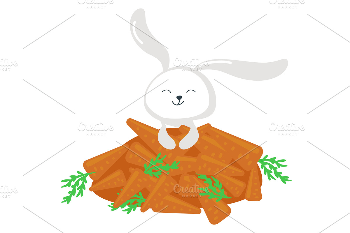 Happy rabbit and carrot heap vector, an Animal Illustration by SiberianArt