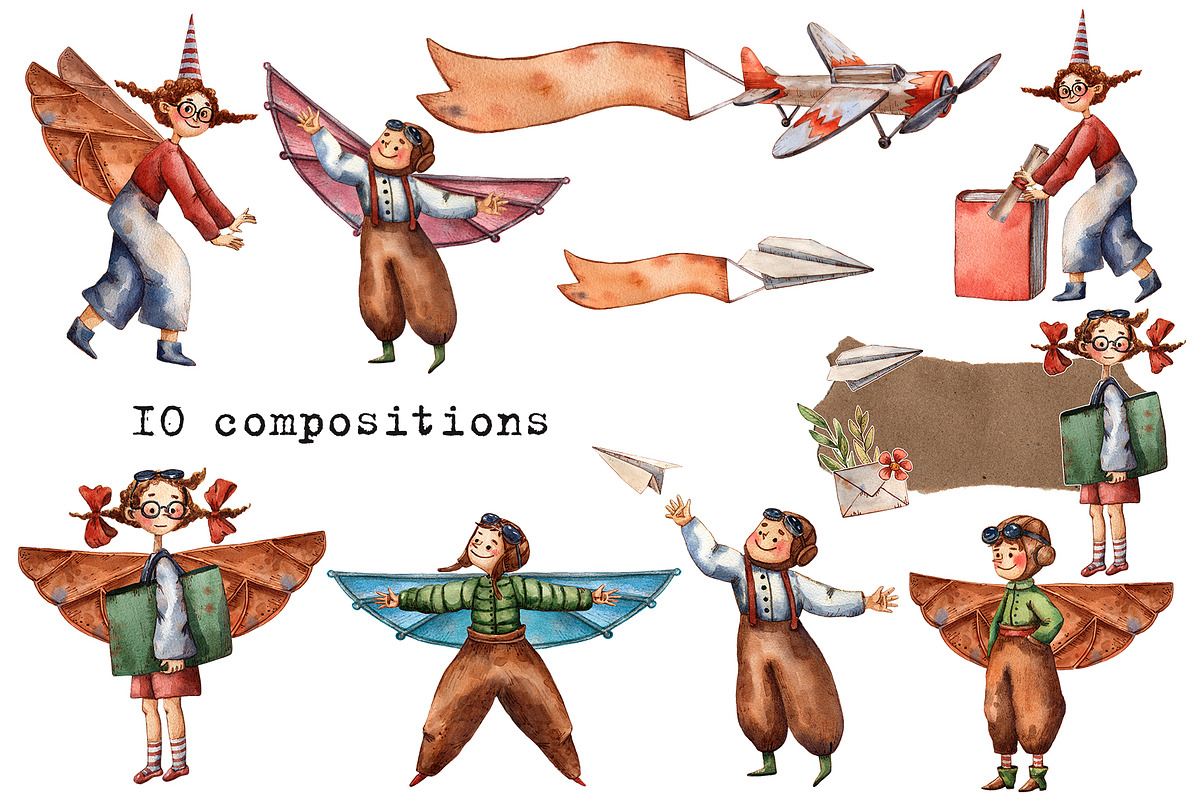 Aviators - Watercolor Clipart Set, a Texture Illustration by Mashamashastu (Photo 7 of 13)