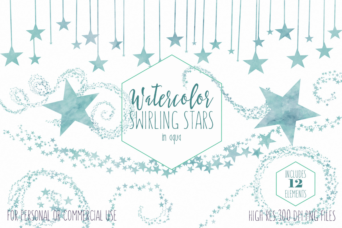 Aqua Watercolor Swirling Stars, an Object Illustration by ClipartBrat Graphics (Photo 1 of 5)
