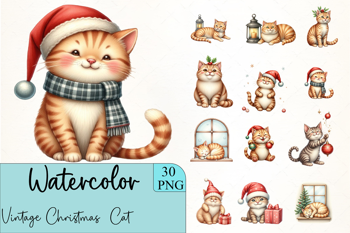 Vintage Christmas PNG, Cat, an Illustration by CrexoraLab (Photo 4 of 5)