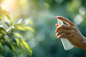 Hand sprays bottle on green plants, a Photo by Beautiful things