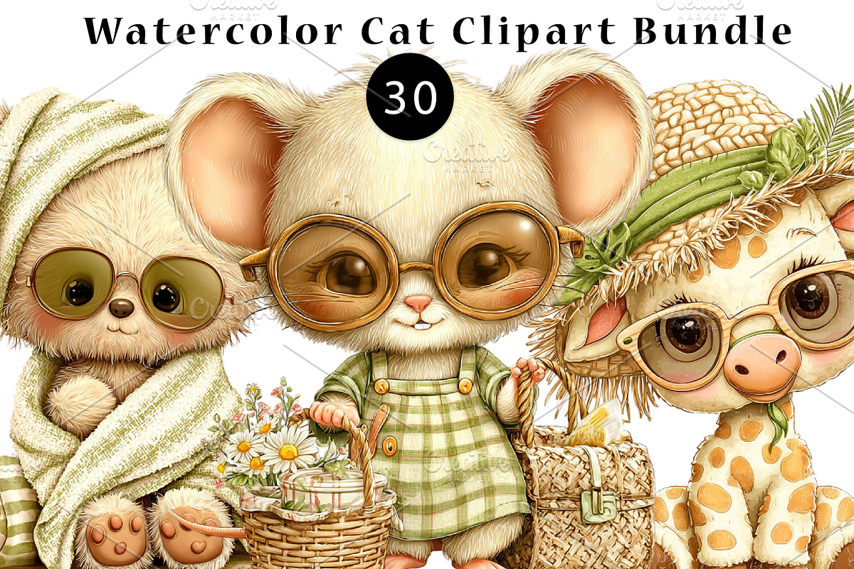Watercolor Cat Clipart Bundle, a Seasonal Illustration by CreationArt (Photo 1 of 5)