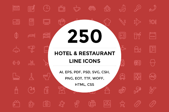 250 Hotel And Restaurant Line Icons