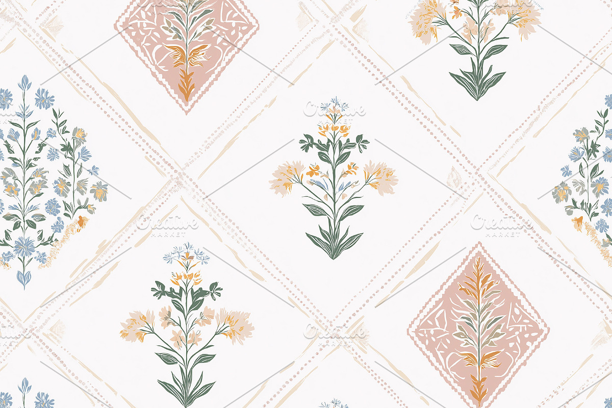 Seamless pattern. Traditional block print trellis pattern with b, a ...