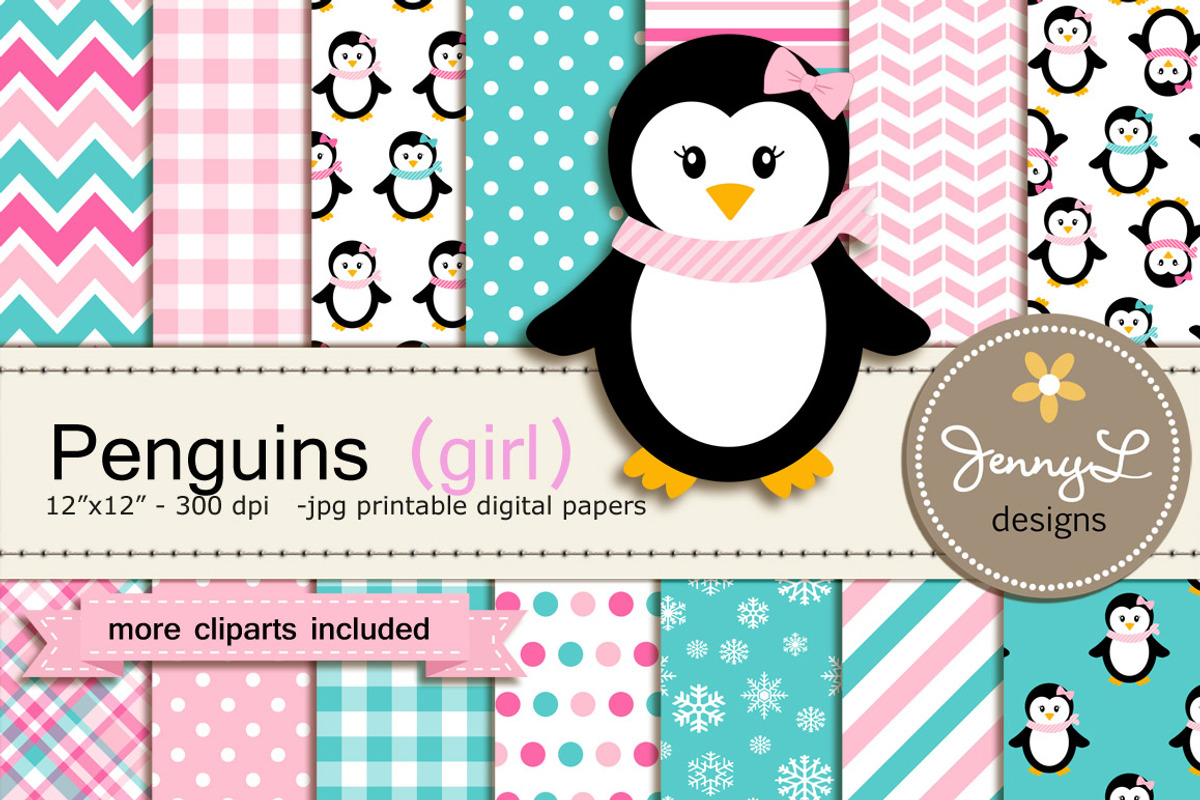 Penguin Girl Digital Paper & Clipart, a Pattern Graphic by JennyL Designs (Photo 1 of 4)