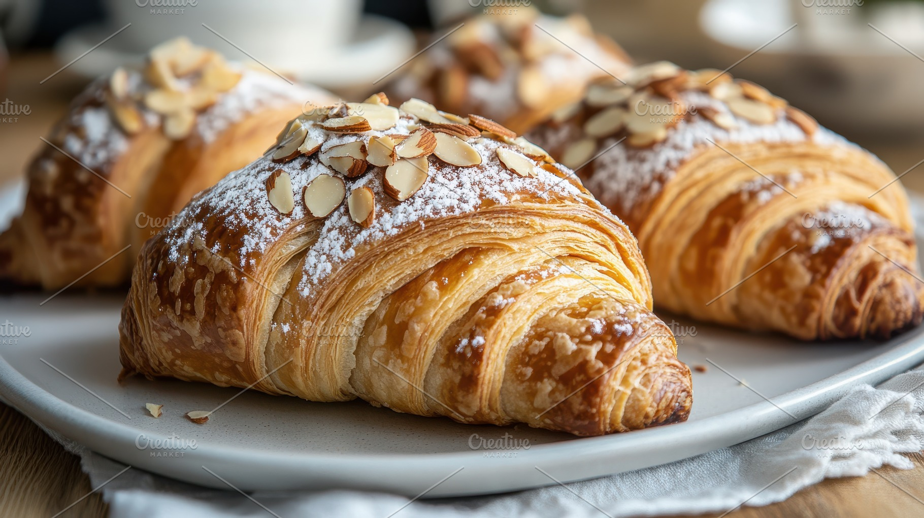 Golden croissants with almond slices, a Background Photo by Pixeness