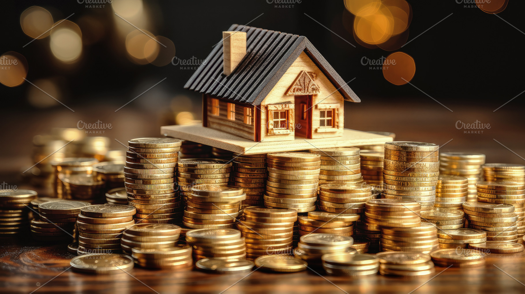 model of a house on a pile of coins., a Business Photo by Perpis