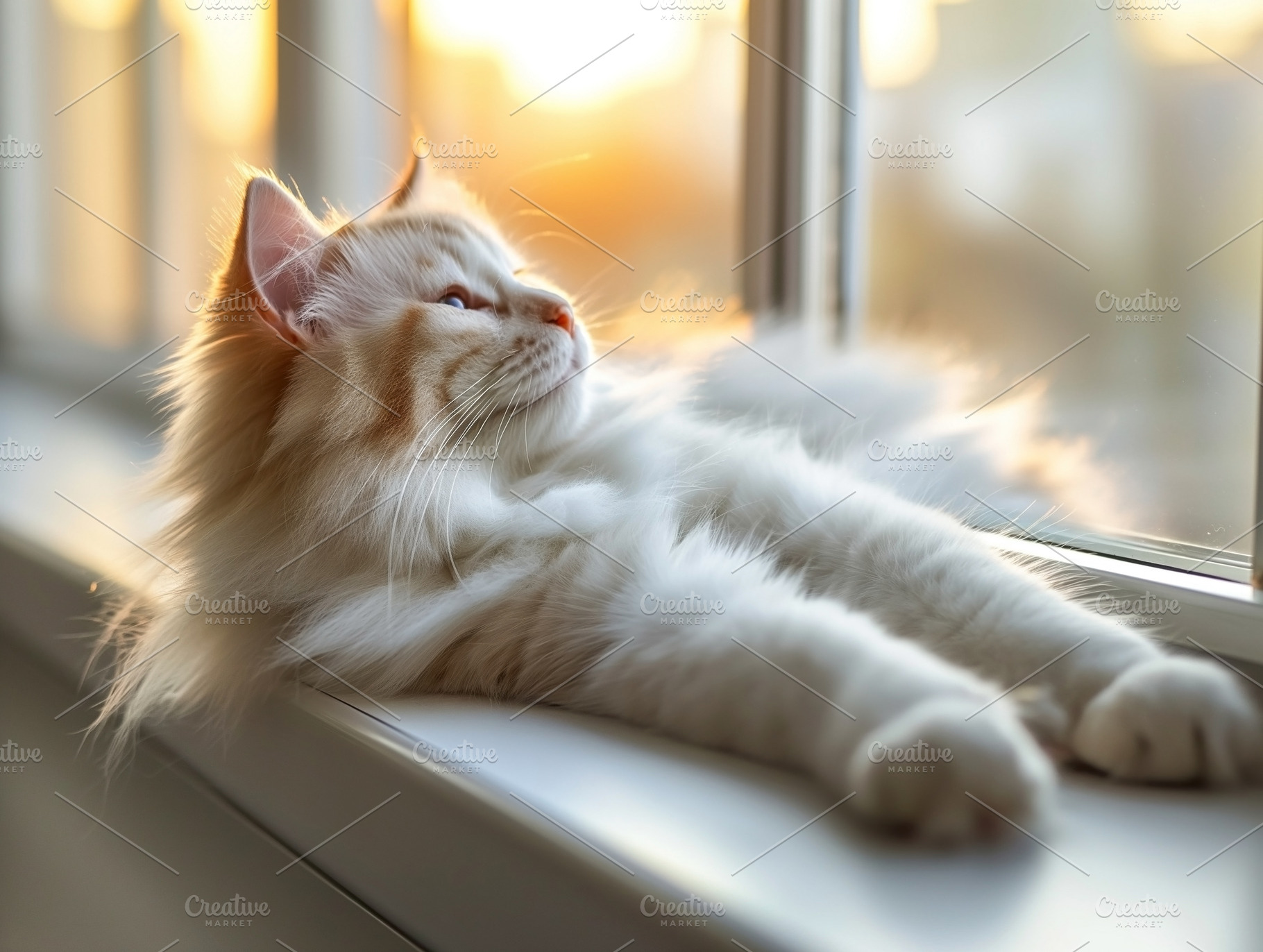 A peaceful ginger cat lounging by the window, basking in the warm golden light, an Animal Photo by ImageMir