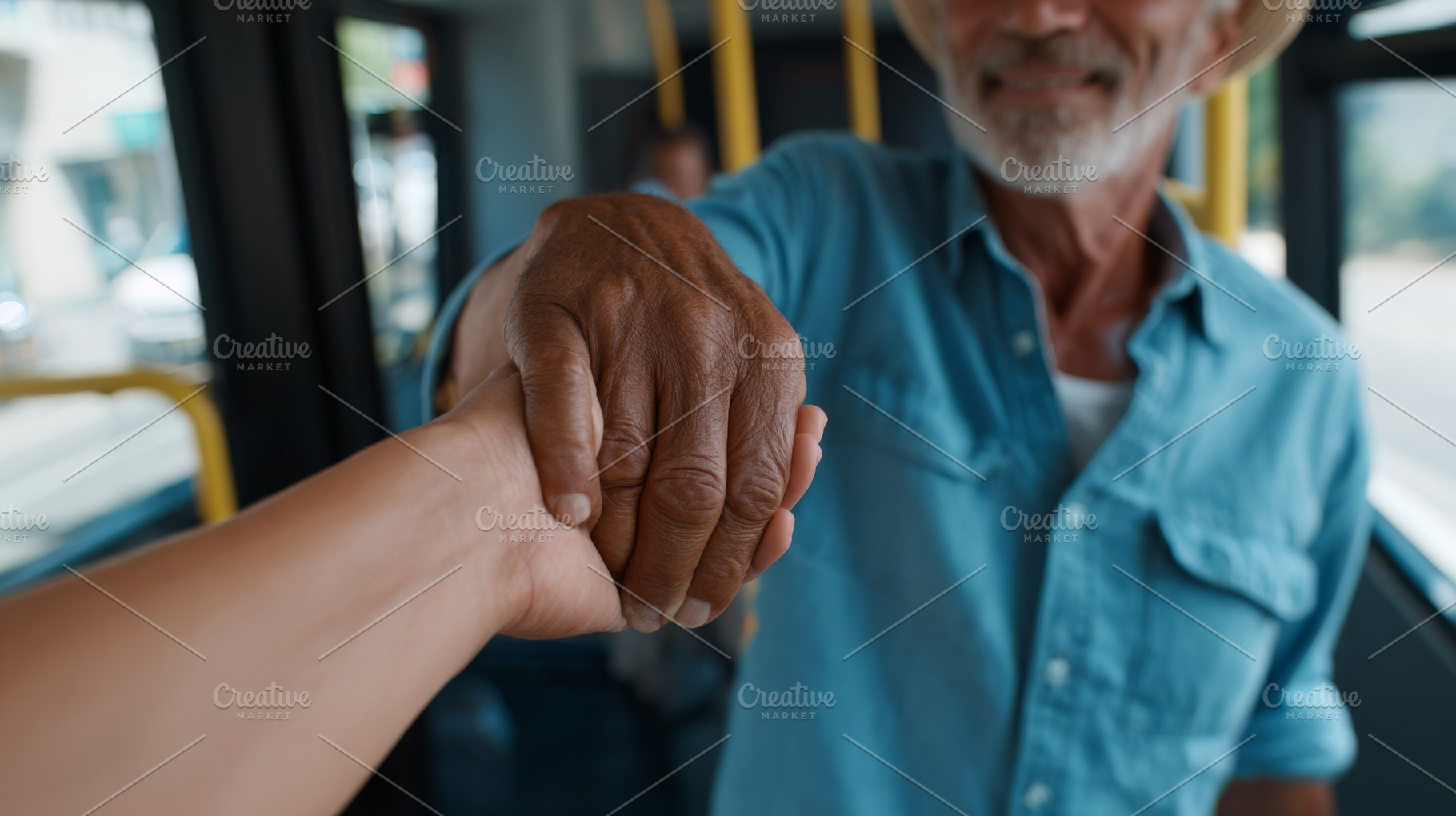 An elderly man with gray hair and a beard warmly shakes hands with a younger pe, a Business Photo by ImageMir