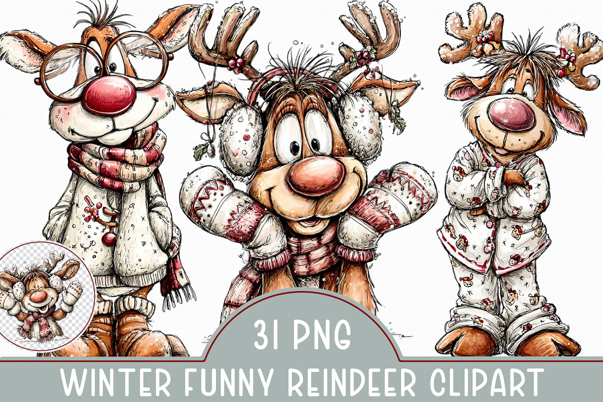 Winter Funny Reindeer Clipart, an Illustration by Libby Wishes (Photo 1 of 5)