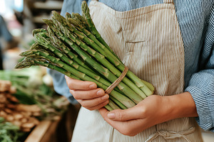 Woman holds fresh bundle asparagus, a Food & Drink Photo by MistyDay