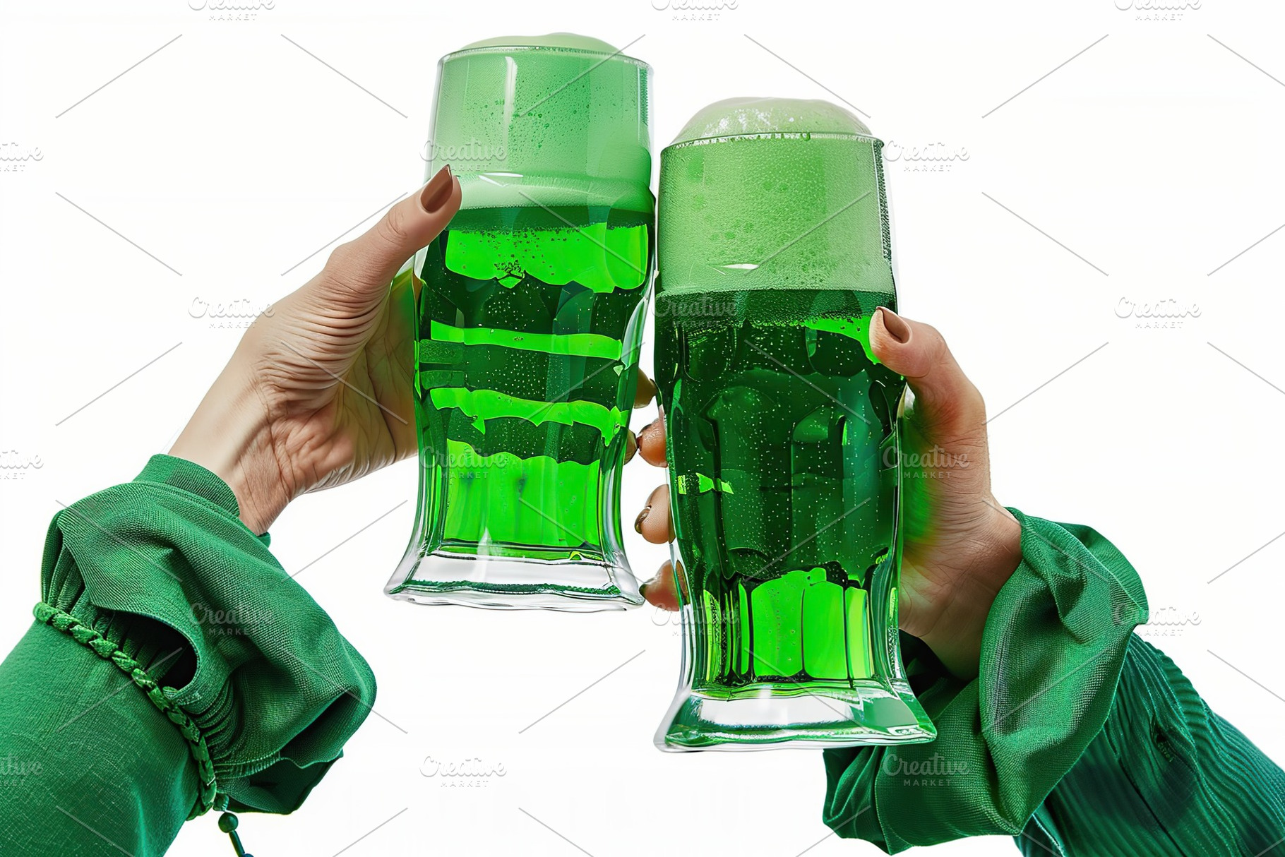 Hands with glasses of green beer on white background. St Patrick's Day concept, a Food & Drink Photo by AlyaAnd