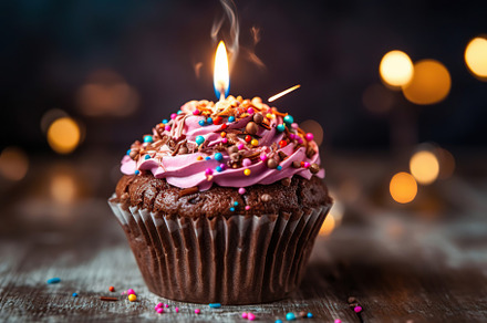 Birthday cupcake with candle on wooden table, a Food & Drink Photo by AlyaAnd