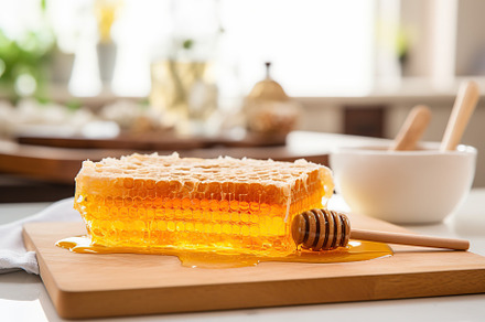 Honeycomb with honey and honey dipper on white background, a Food & Drink Photo by AlyaAnd