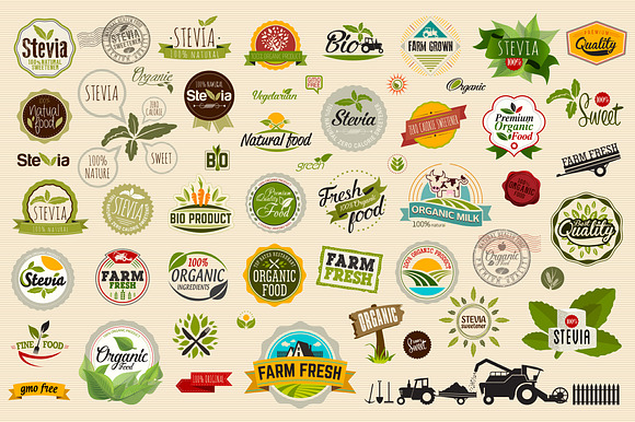 Stevia And Organic Food Label Set