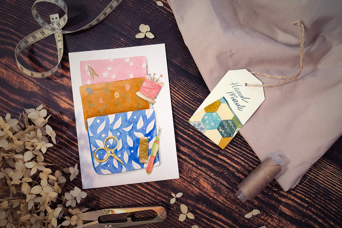 Quilting and Patchwork Clipart, an Illustration by Julia M. Watercolor (Photo 6 of 7)