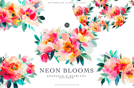 colorful flowers watercolor neon, a Decorative Illustration by Patishop Art