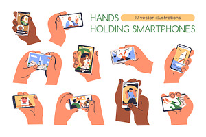 Hands hold phones with online videos, a Technology Illustration by Good Studio
