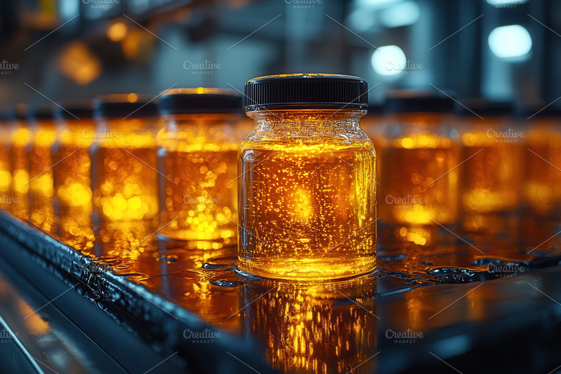 Golden honey jars on a production li, a Photo by Tanuart