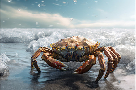 Big crab baby walking on sea waves, an Animal Photo by Ylivdesign