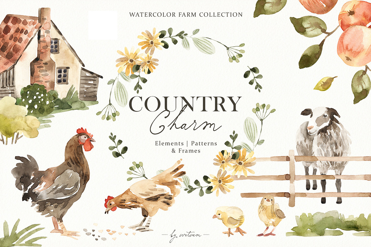 Country Charm watercolor farm, a Decorative Illustration by svetsum (Photo 1 of 7)