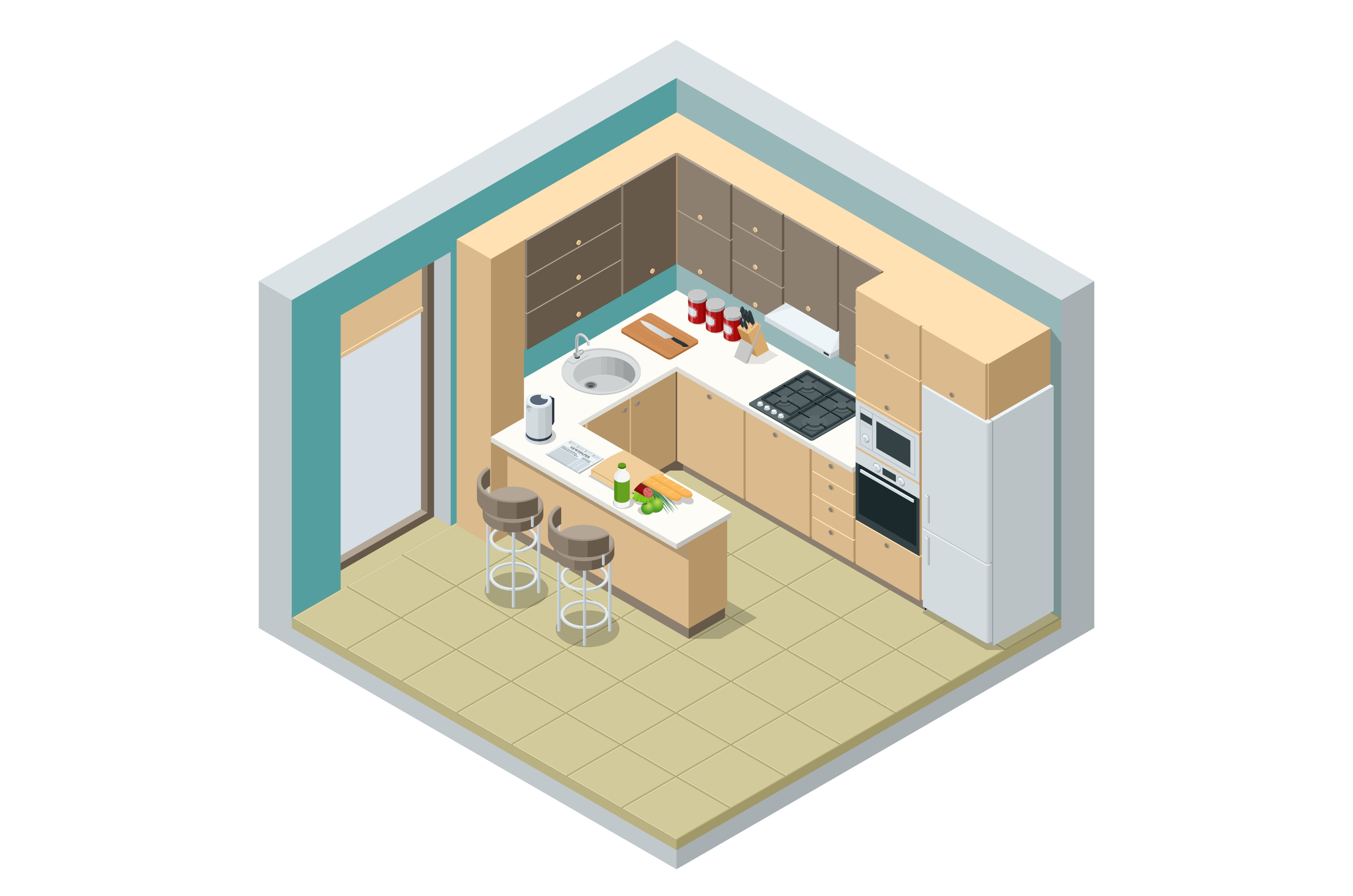 Isometric minimalist kitchen room, a Decorative Illustration by Golden ...