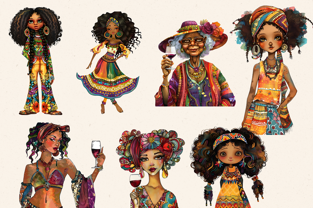 AFRO BOHO GIRLS ALL AGES CLIPART, a Person Illustration by Daring Digies (Photo 5 of 10)