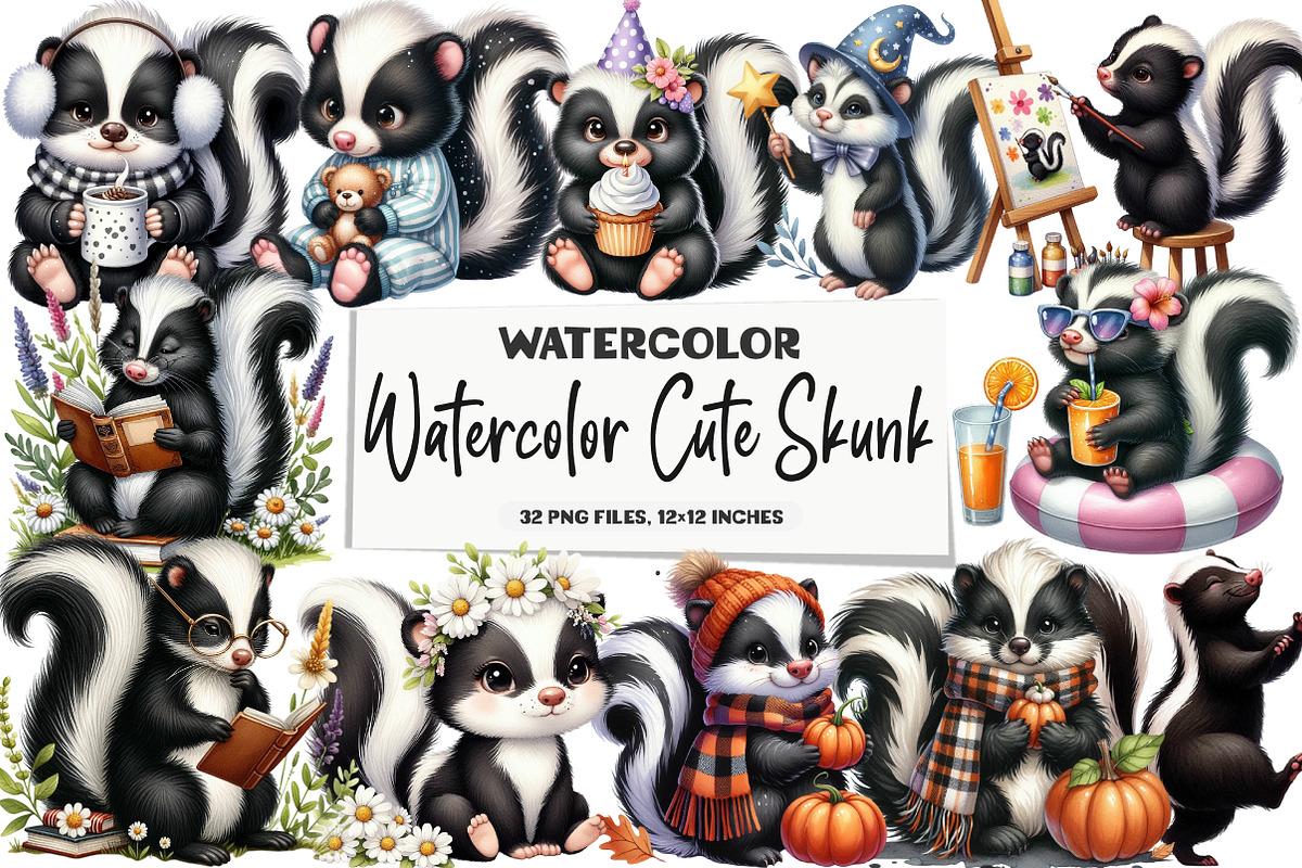 Watercolor Cute Skunk Clipart, an Illustration by DreamArtGraphic (Photo 1 of 5)