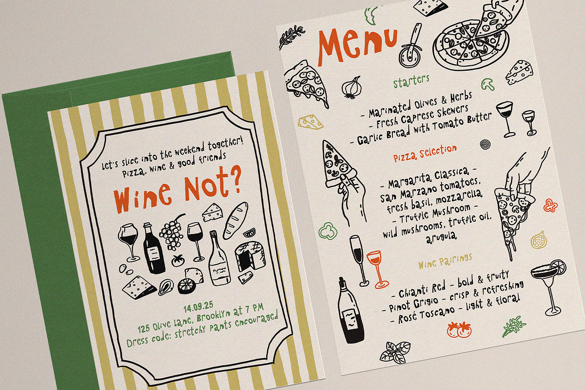 Whimsical Pizza & Wine Party set, a Food Illustration by Madiwaso (Photo 3 of 11)