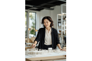 Asian female architect works on a, an Architecture Photo by Sergey Kotenev