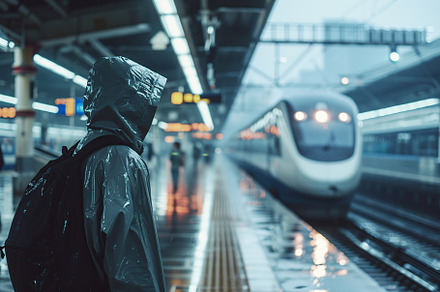 Human in raincoat standing at rail station platform waiting train, a Transportation Photo by AlyaAnd