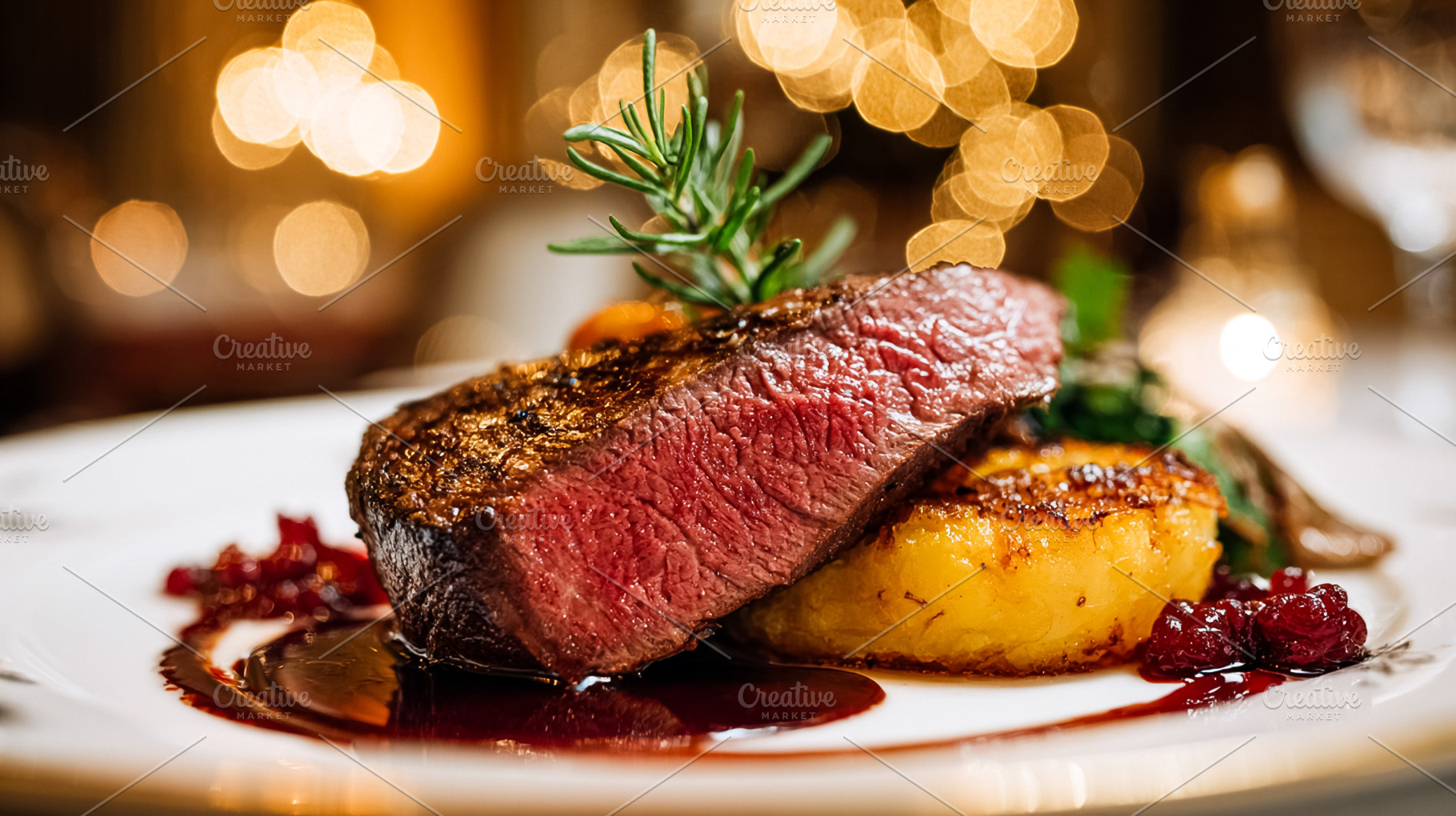 Gourmet steak cooked to medium rare, served with crispy potatoes, a Food & Drink Photo by Studio ANNA