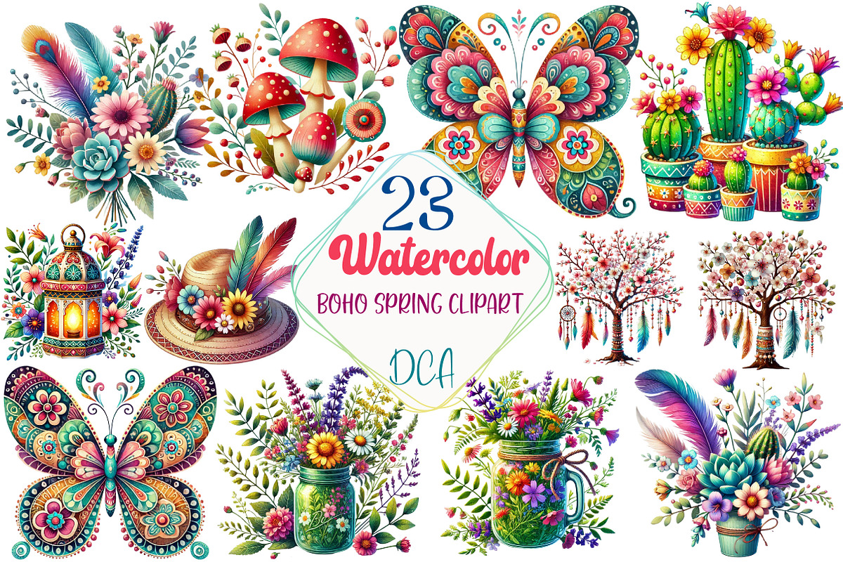 Watercolor  Boho Spring Clipart, an Illustration by DreamCafeArt (Photo 1 of 5)