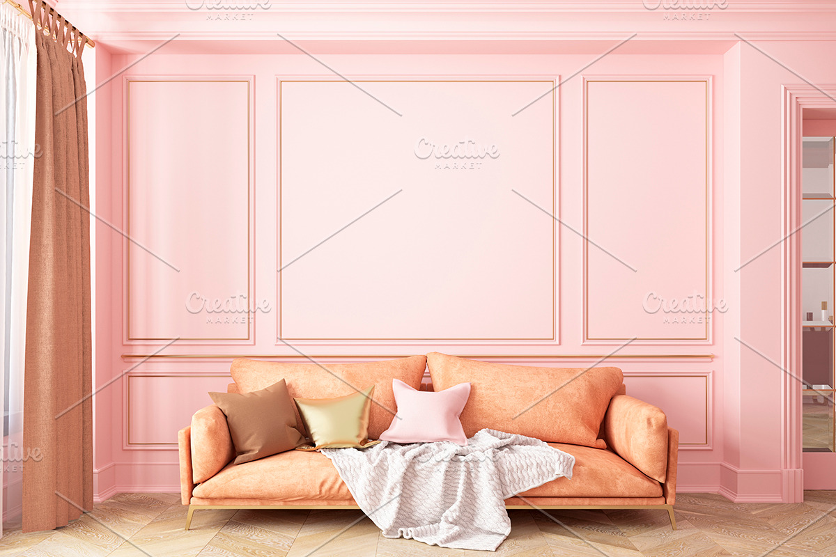 Classic pink interior with sofa, a Household Mockup by YKvisual