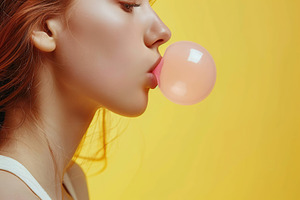 Young woman blowing up pink bubble with chewing gum on yellow background, a Person Photo by AlyaAnd
