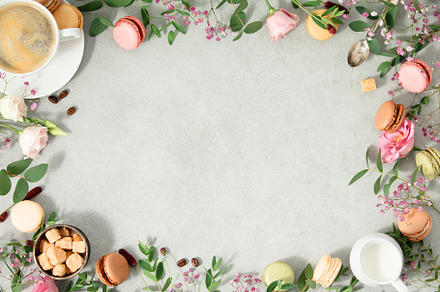 Coffee time concept. Frame made of Spring flowers, different typ, a Food & Drink Photo by Natalia Klenova's Shop