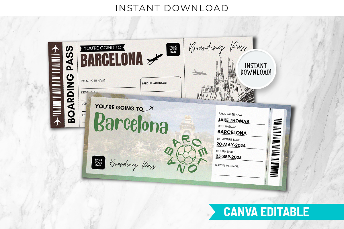Barcelona Trip Reveal Gift Ticket, a Templates & Theme by Snapybiz (Photo 1 of 10)