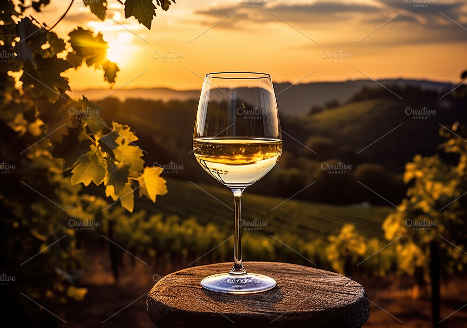 wine in a vineyard with grapevines, a Food & Drink Photo by Virgo Studio