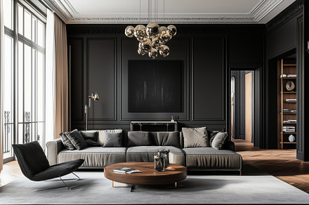 A modern Neoclassical style house living room featuring a dark color palette, e, an Architecture Photo by Textures & Backgrounds