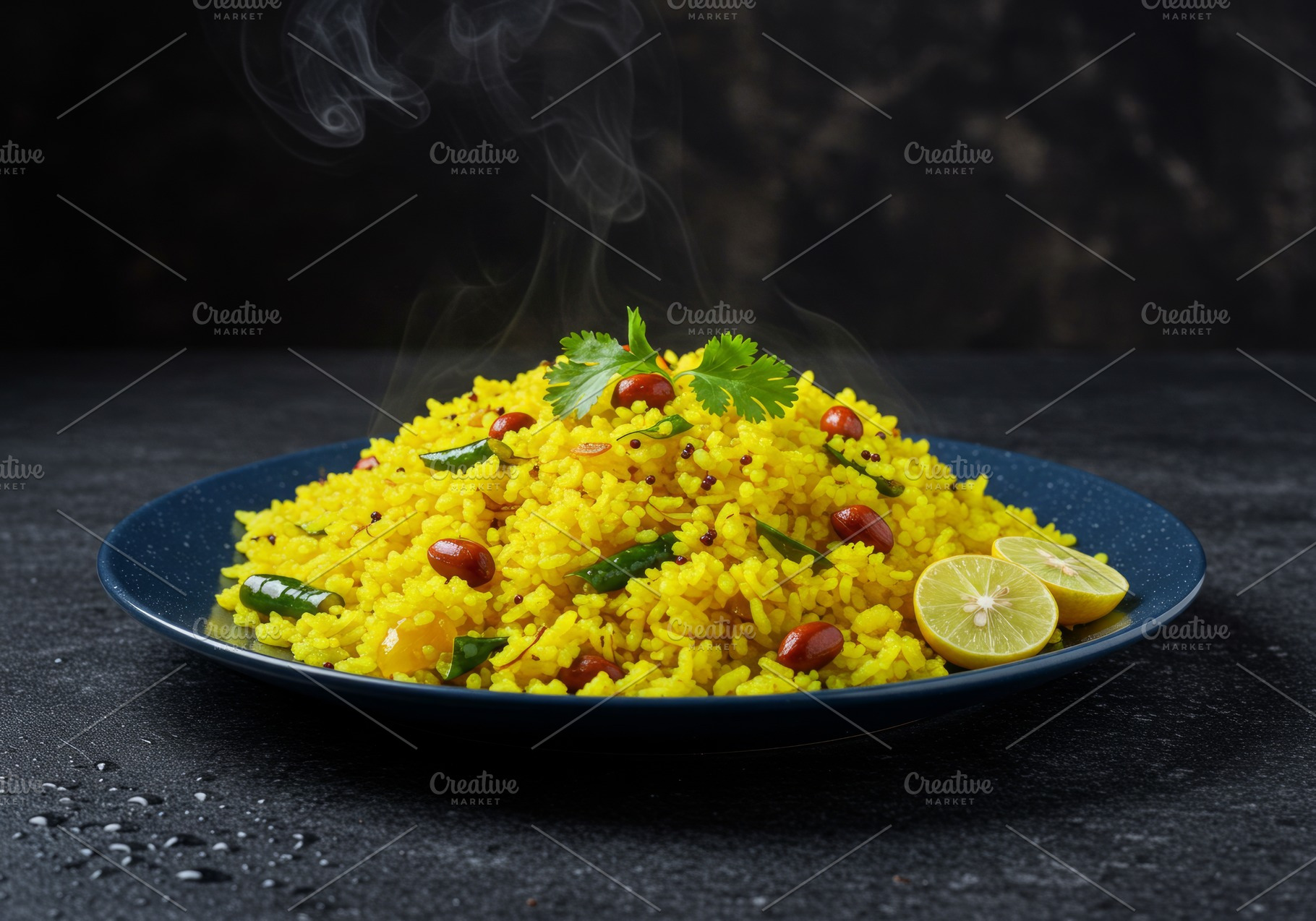 Hot yellow poha garnished with peanu, a Food & Drink Photo by professorinc