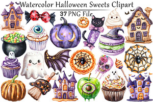 Watercolor Halloween Sweets Clipart