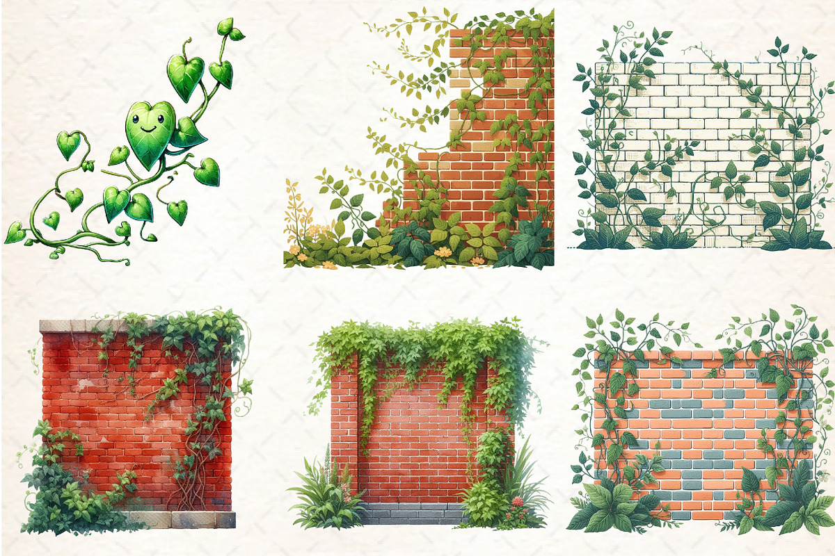 Floral Brick Wall Watercolor Clipart, an Illustration by Libby Wishes (Photo 2 of 4)