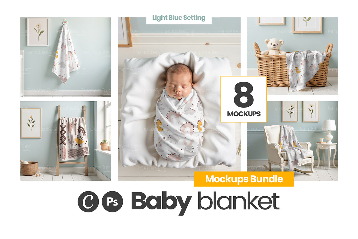 Baby Blanket Mockup Bundle (x8 PSD), an Apparel Mockup by Mockups Studio (Photo 1 of 8)