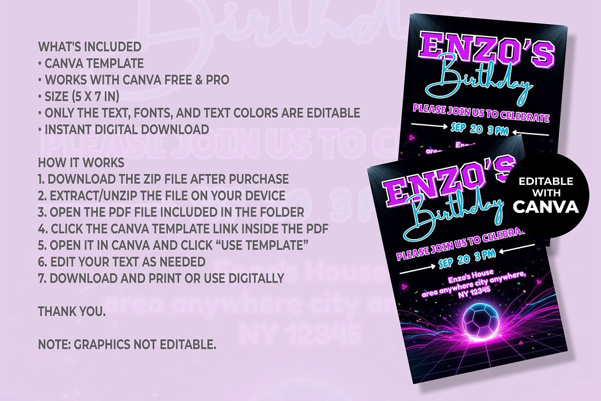 Neon Soccer Birthday Invitation, an Invitation Template by M9 Design (Photo 4 of 4)