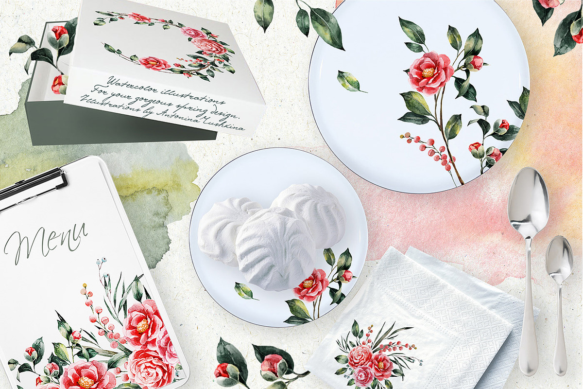 Spring watercolor camellia set, an Illustration by RushkinaAntonina (Photo 5 of 6)