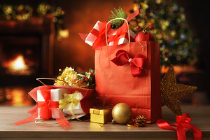 Detail of Christmas Day gifts in a decorated dining room, a Holiday Photo by Davizro's Market