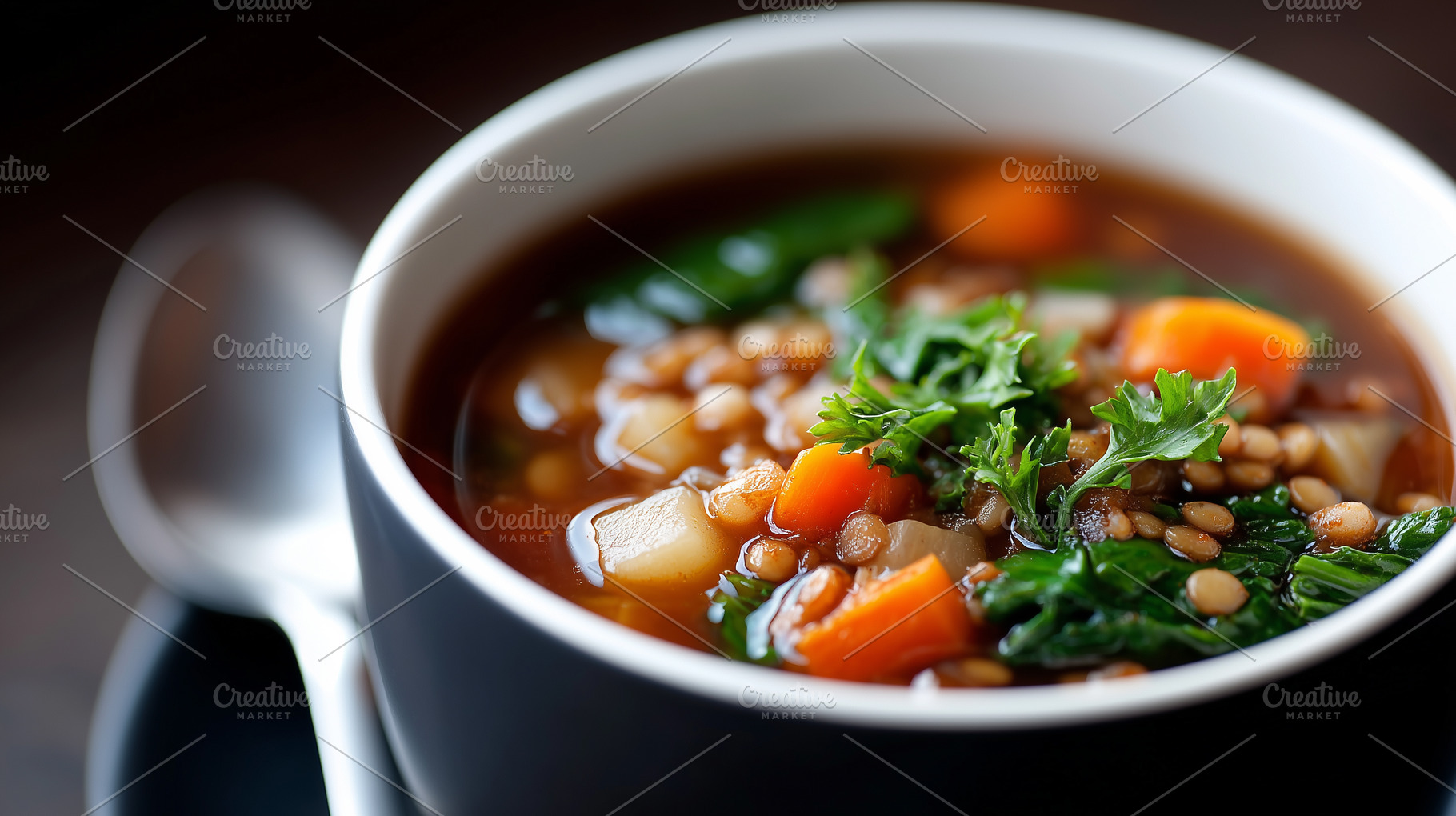 Close up on lentil vegetable soup, a Food & Drink Photo by MistyDay